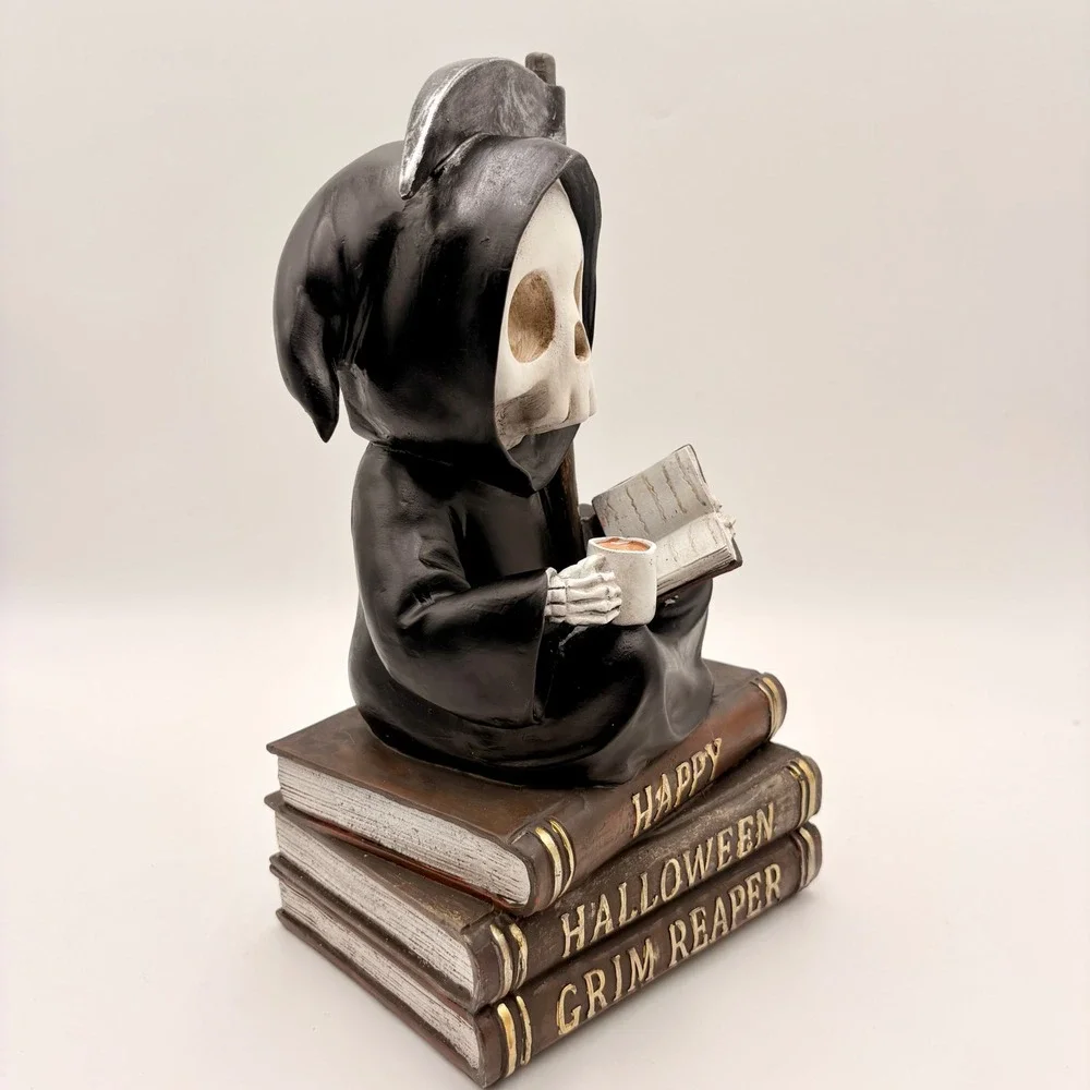 Halloween Grim Reaper Sitting on Books Coffee Scythe Resin Figurine Statue
